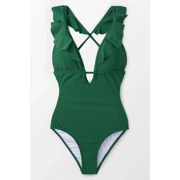 Cupshe Ruffle One Piece Swimsuit Plunge Criss Cross Back Bathing Suit size XS - Picture 2 of 9